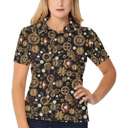 Steampunk Butterfly Design Themed Print Women's Polo Shirt