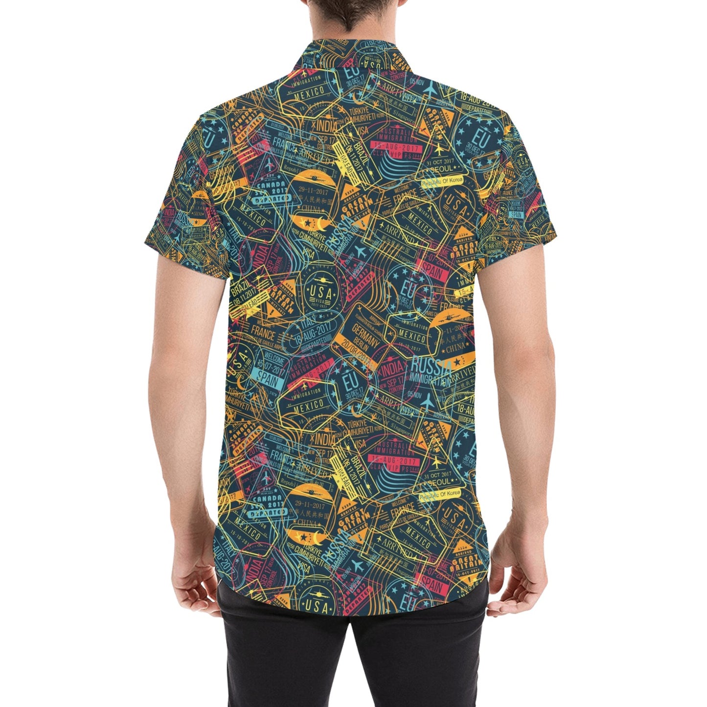 Travel Stamp Colorful Print Design LKS304 Men Short Sleeve Button Up Shirt