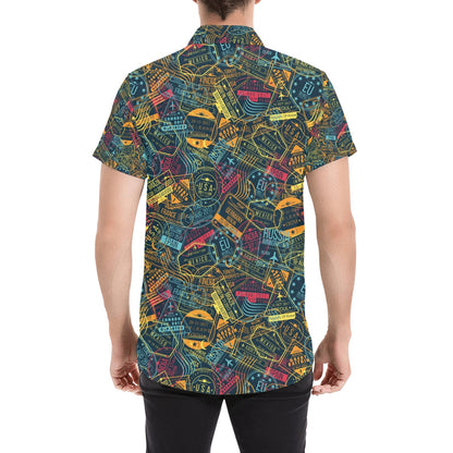Travel Stamp Colorful Print Design LKS304 Men Short Sleeve Button Up Shirt