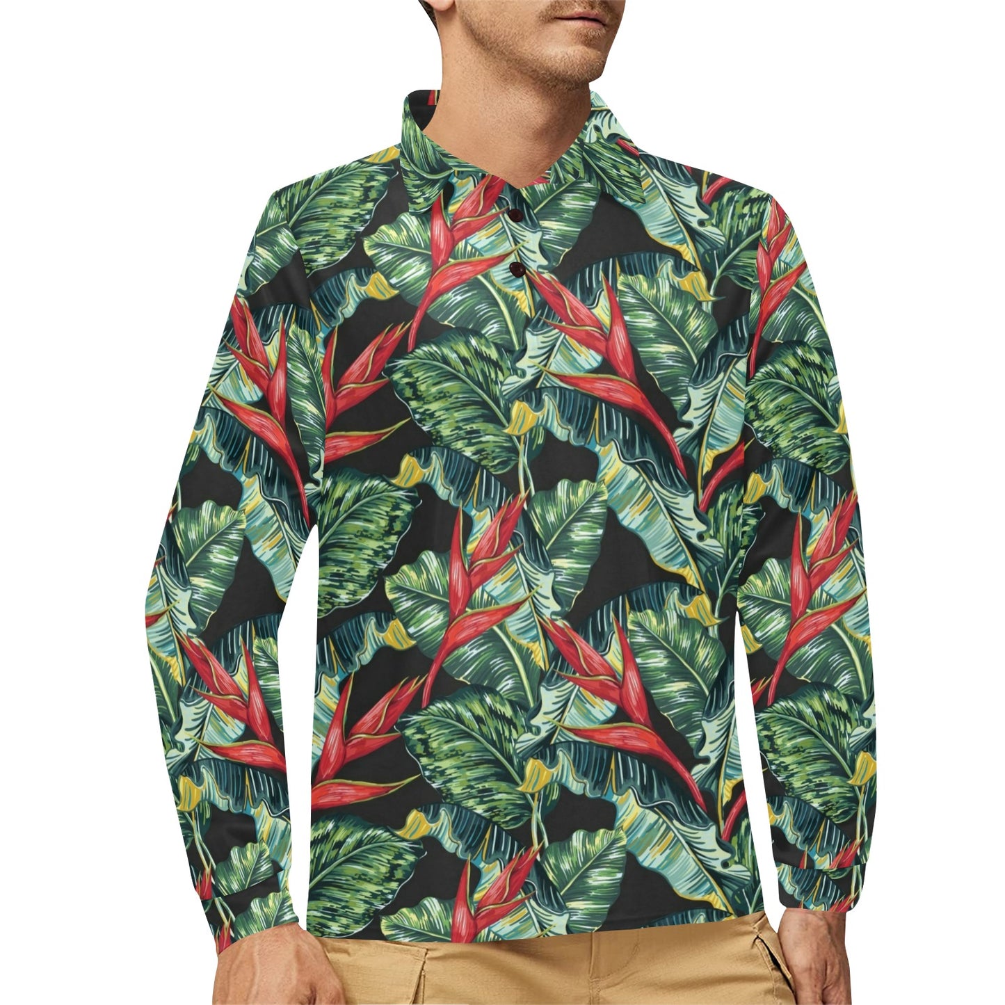 Bird Of Paradise Pattern Print Design BOP06 Long Sleeve Polo Shirt For Men's