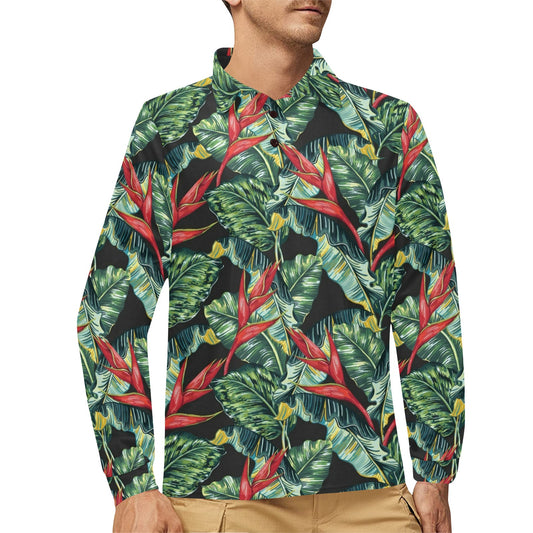 Bird Of Paradise Pattern Print Design BOP06 Long Sleeve Polo Shirt For Men's