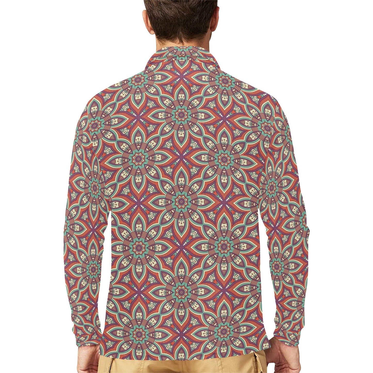 Bohemian Pattern Print Design 03 Long Sleeve Polo Shirt For Men's