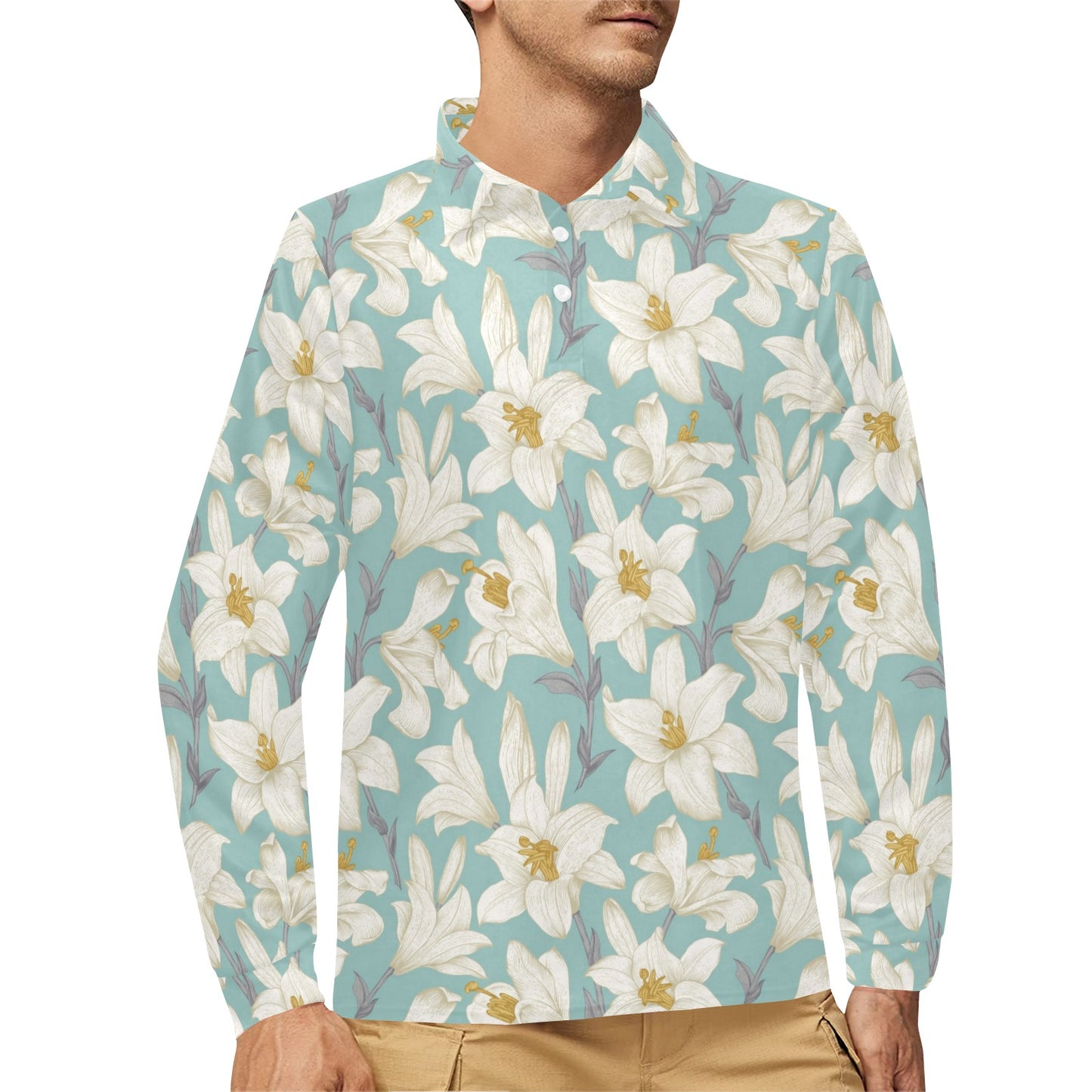 Lily Pattern Print Design 02 Long Sleeve Polo Shirt For Men's