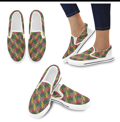 Summer Floral Print Design LKS305 White Slip Ons Canvas Women's Shoes