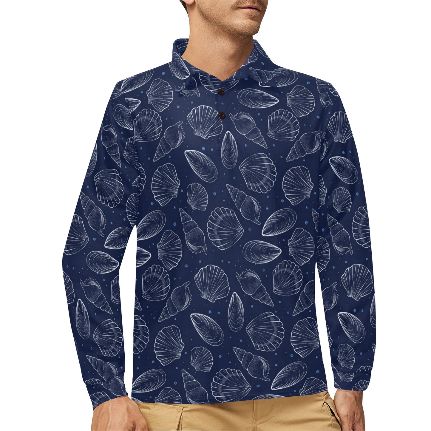 Seashell Print Design LKS3011 Long Sleeve Polo Shirt For Men's