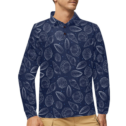 Seashell Print Design LKS3011 Long Sleeve Polo Shirt For Men's