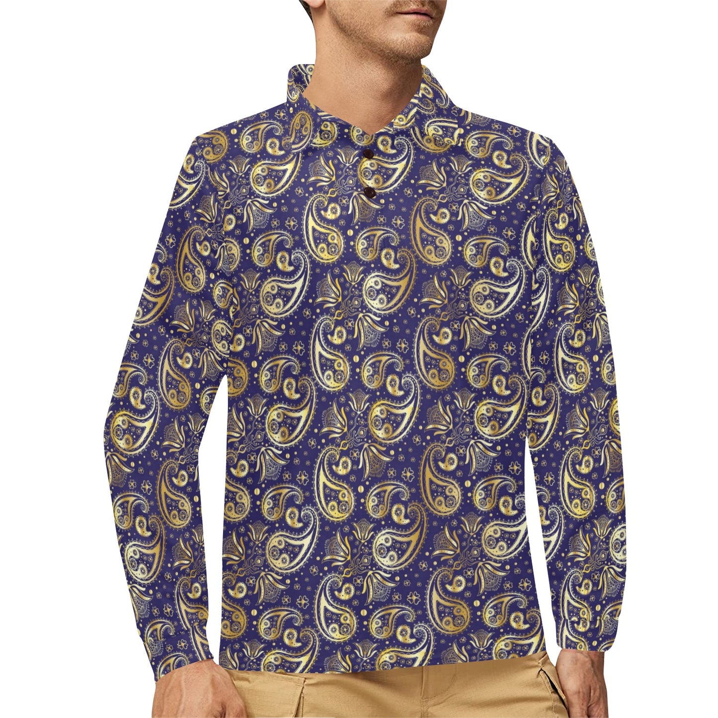 Paisley Blue Yellow Design Print Long Sleeve Polo Shirt For Men's