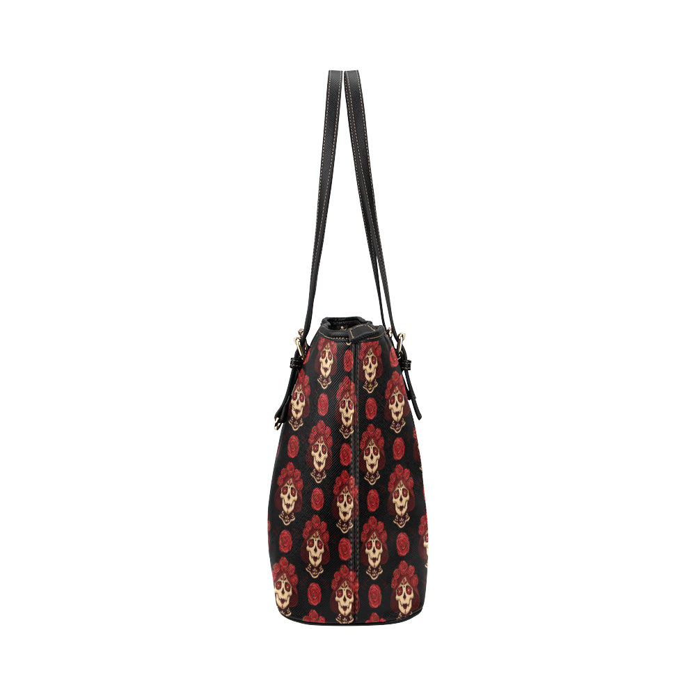 Day of the Dead Skull Girl Pattern Leather Tote Bag