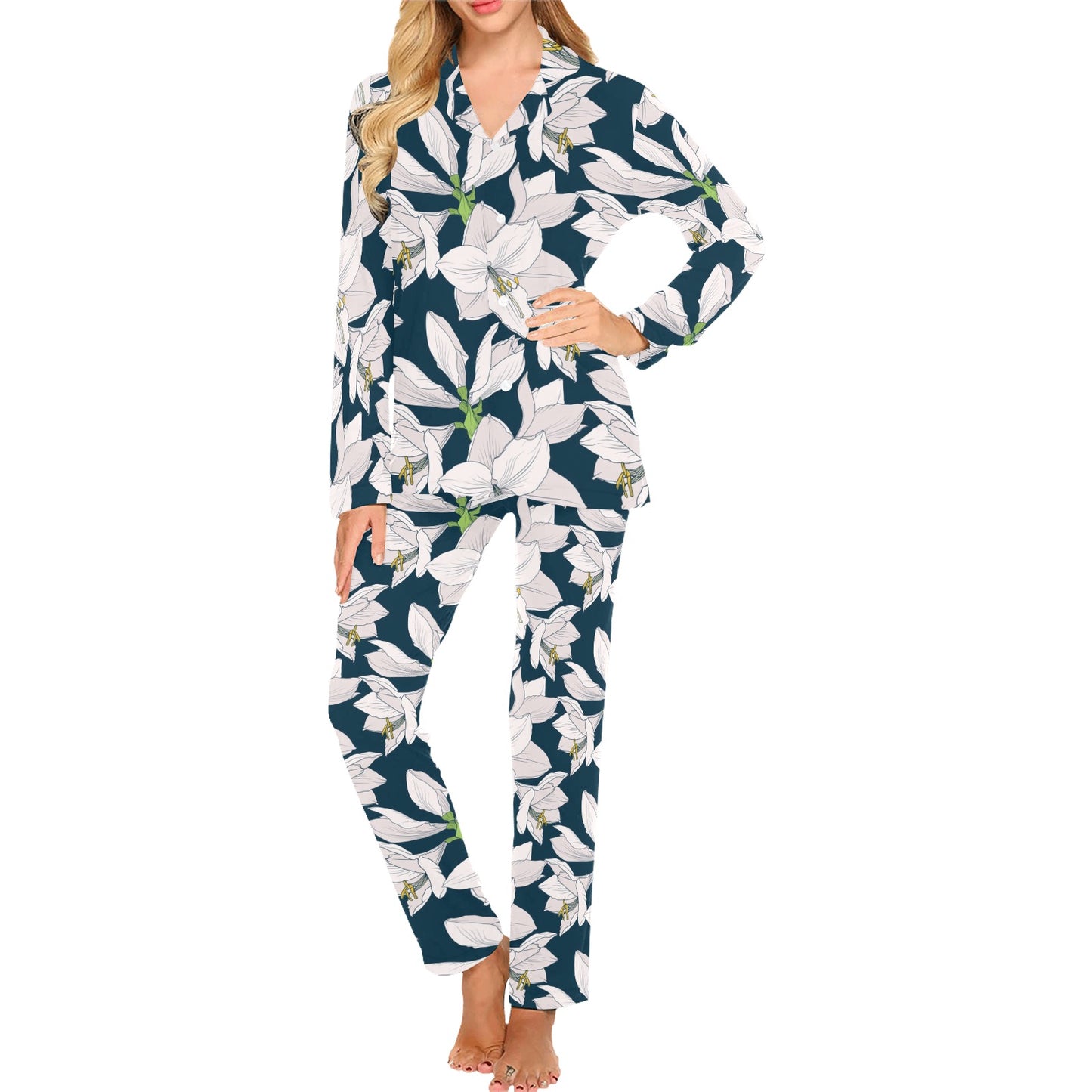 Amaryllis Pattern Print Design 01 Women's Long Pajama Set