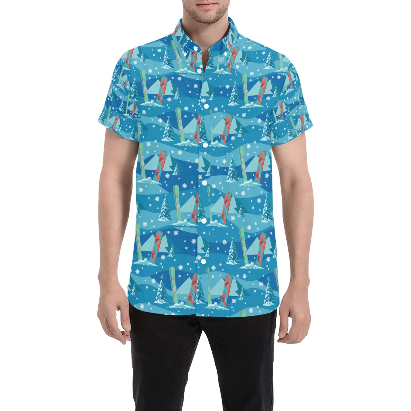 Snowboard Print Design LKS301 Men Short Sleeve Button Up Shirt
