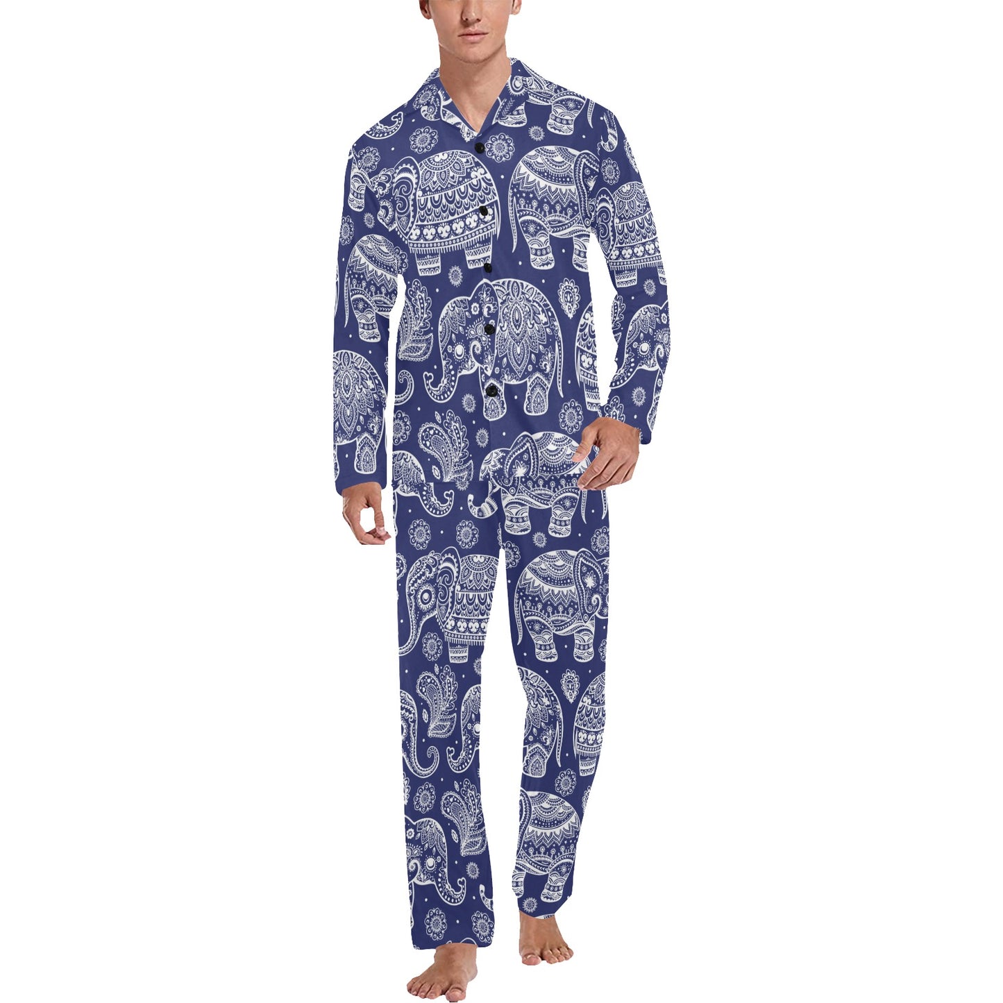 White Elephant Mandala Men's Long Pajama Set