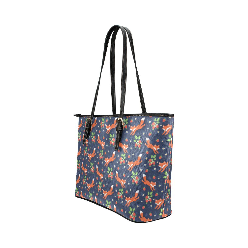 Fox Strawberry Print Pattern Leather Tote Bag