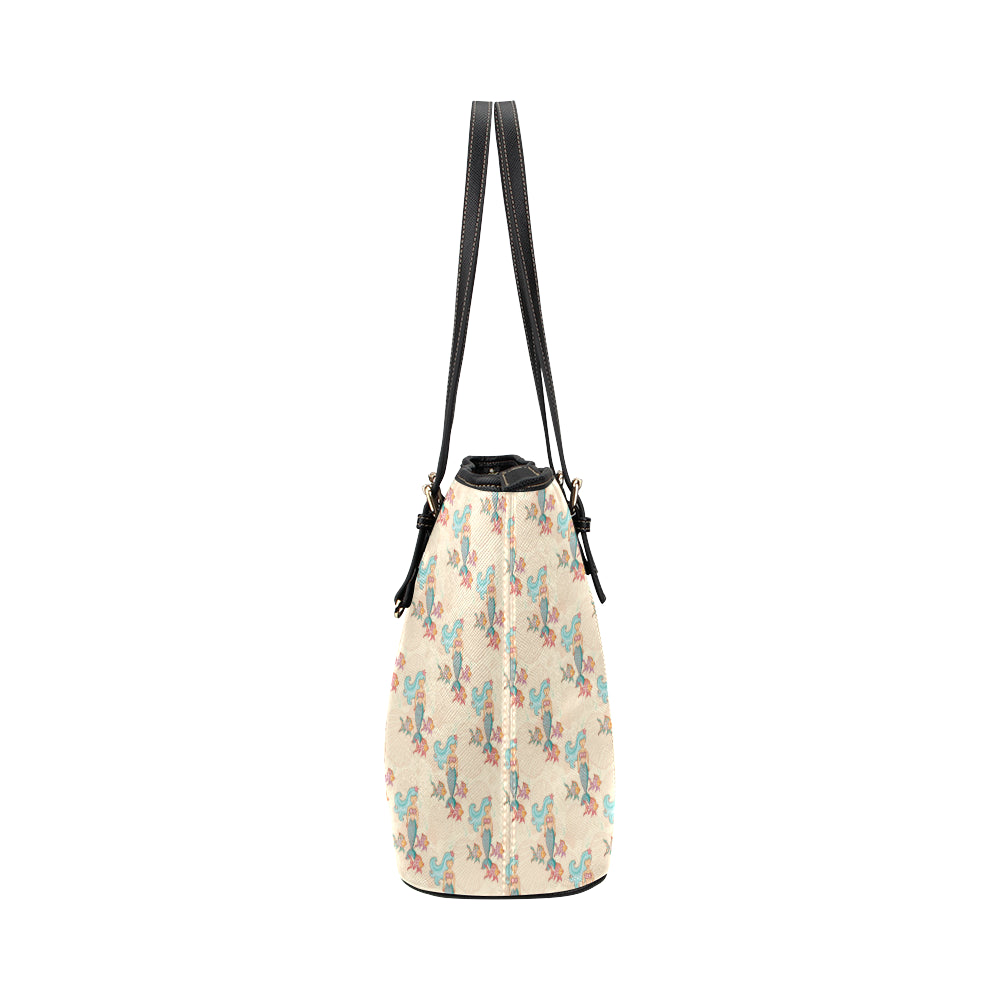 Mermaid Girl With Fish Design Print Leather Tote Bag