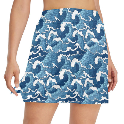 Wave Themed Pattern Print 17" Golf & Pickleball Skort with Pockets