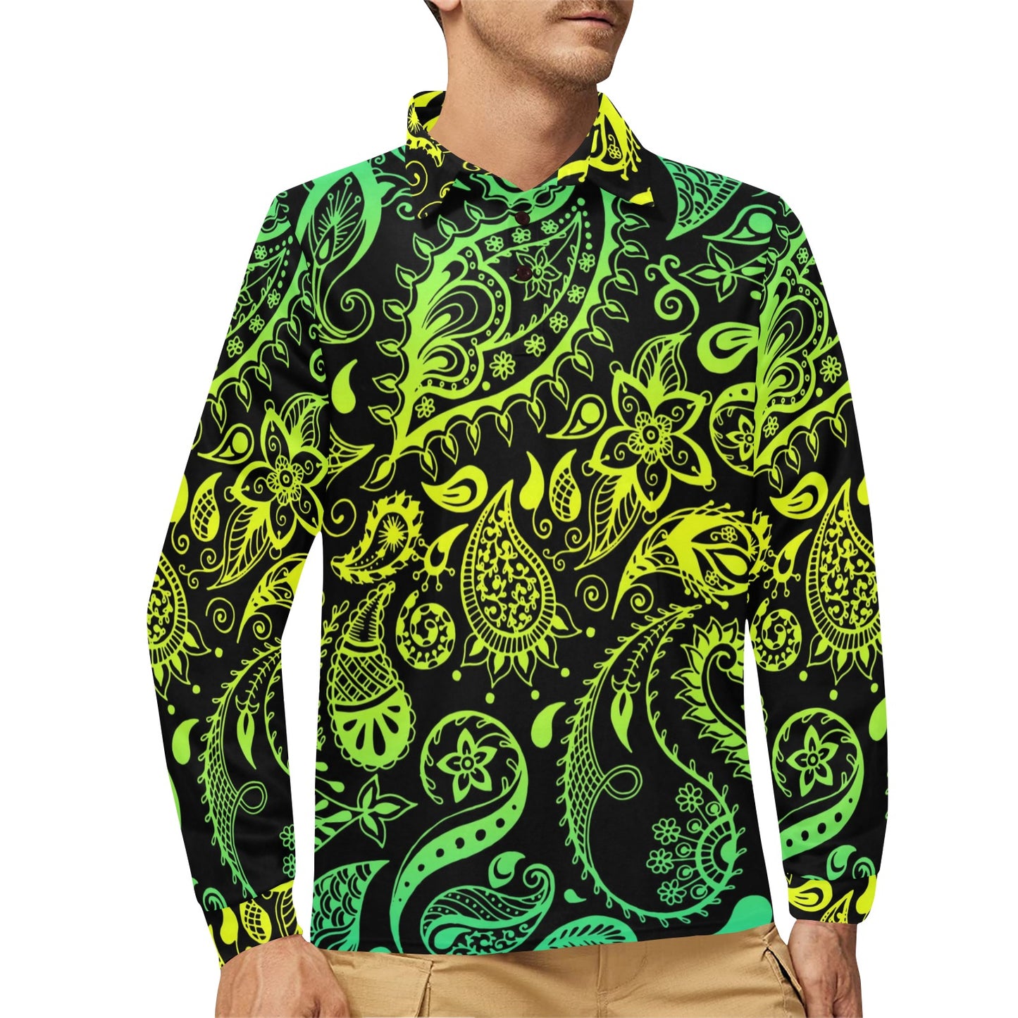 Paisley Green Design Print Long Sleeve Polo Shirt For Men's