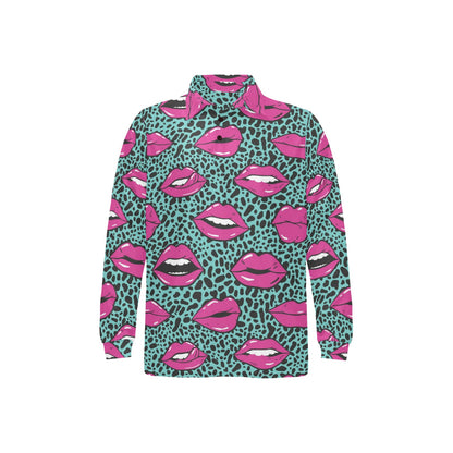 Lip Pattern Print Design 04 Long Sleeve Polo Shirt For Men's