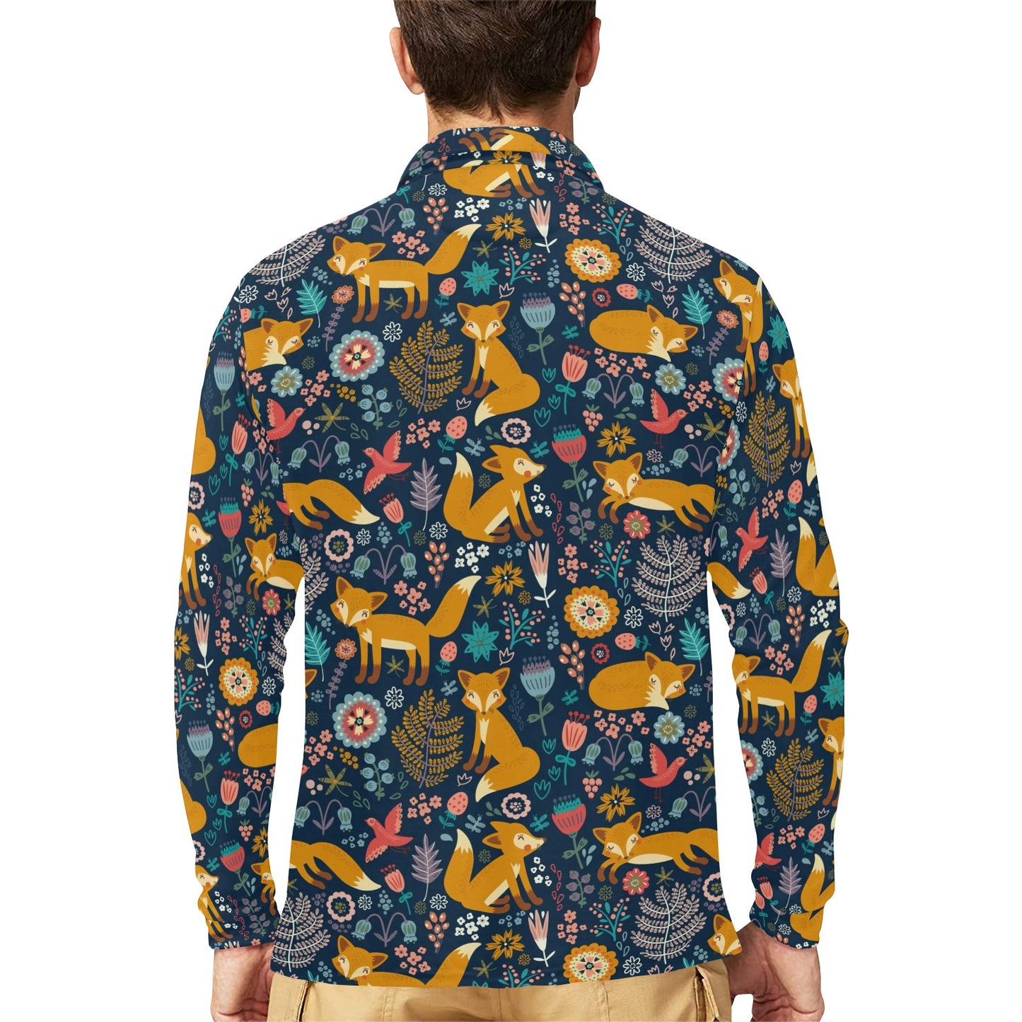 Fox Cute Jungle Print Pattern Long Sleeve Polo Shirt For Men's