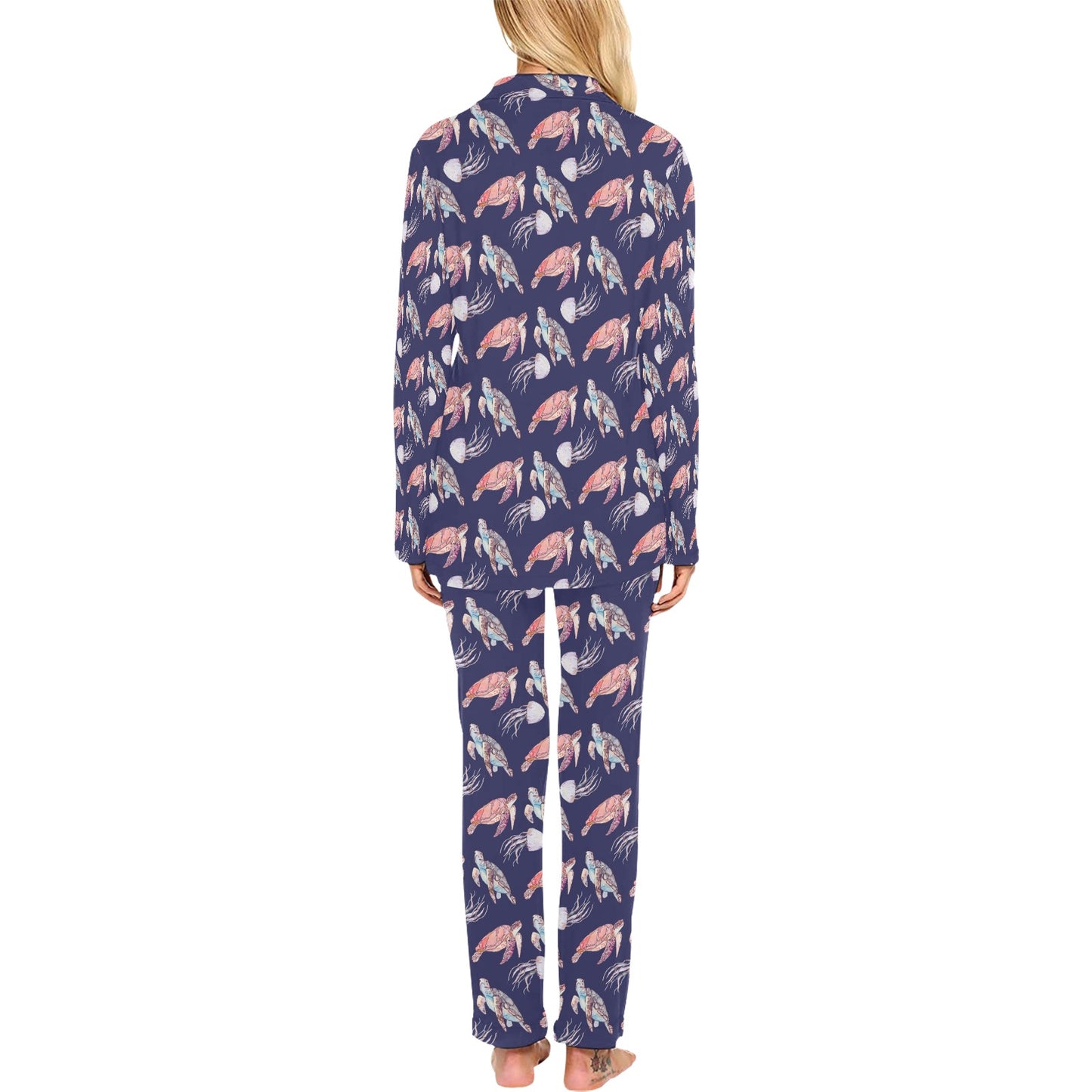 Sea Turtle With Jelly Fish Print Design LKS301 Women's Long Pajama Set