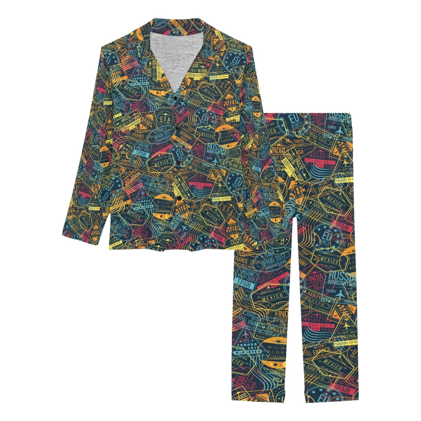 Travel Stamp Colorful Print Design LKS304 Women's Long Pajama Set