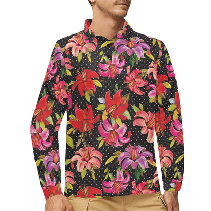 Lily Pattern Print Design LY012 Long Sleeve Polo Shirt For Men's