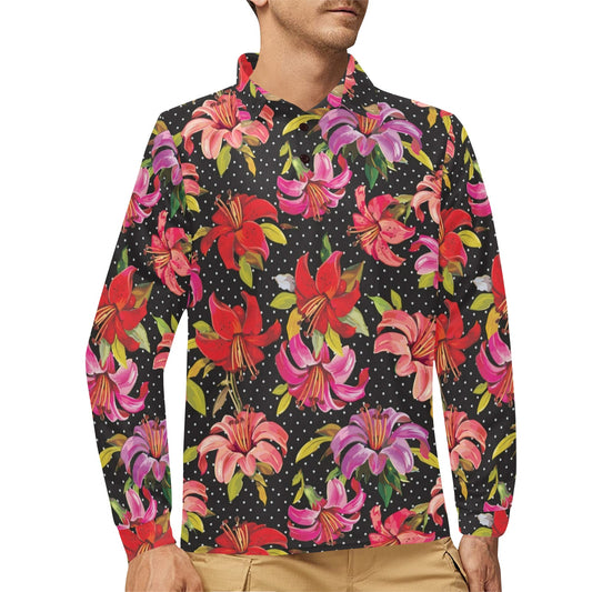 Lily Pattern Print Design LY012 Long Sleeve Polo Shirt For Men's