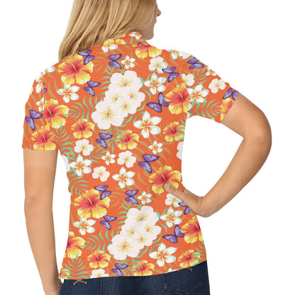 Tropical Flower Pattern Print Design TF027 Women's Polo Shirt
