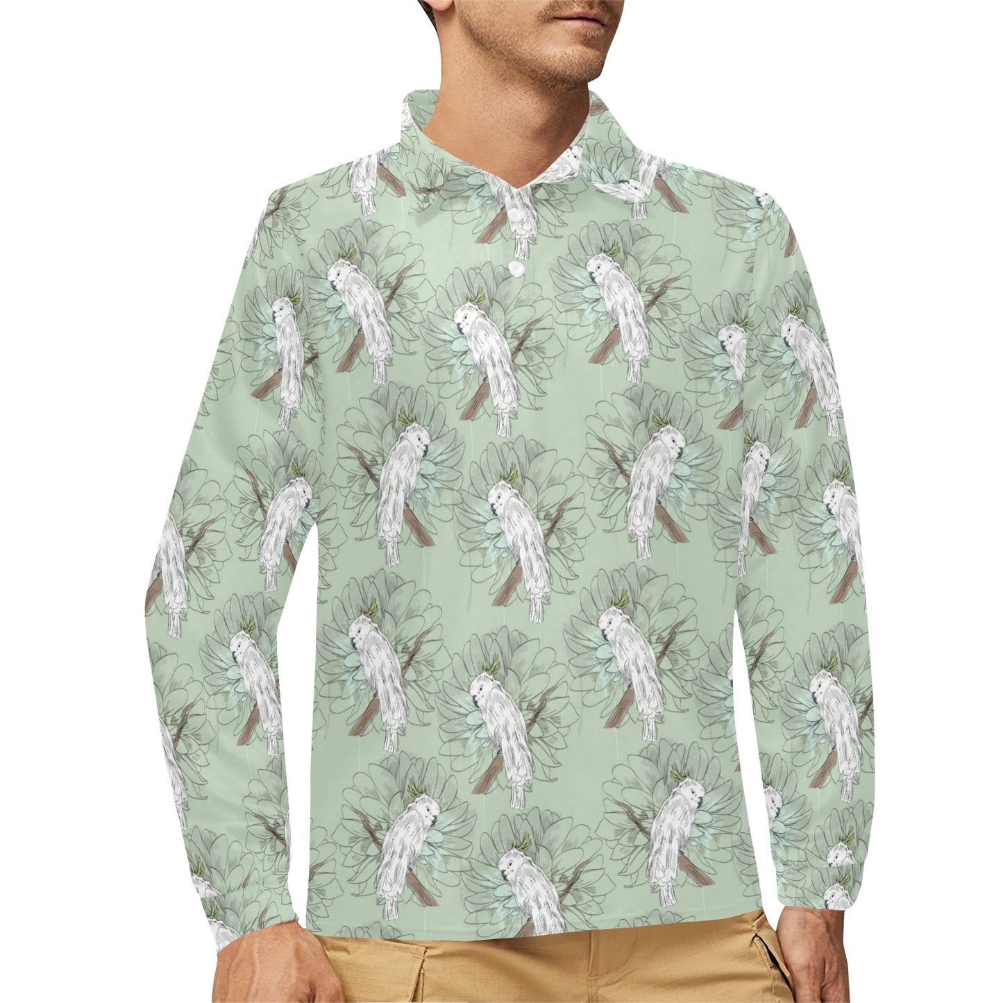 Cockatiel Pattern Print Design 01 Long Sleeve Polo Shirt For Men's