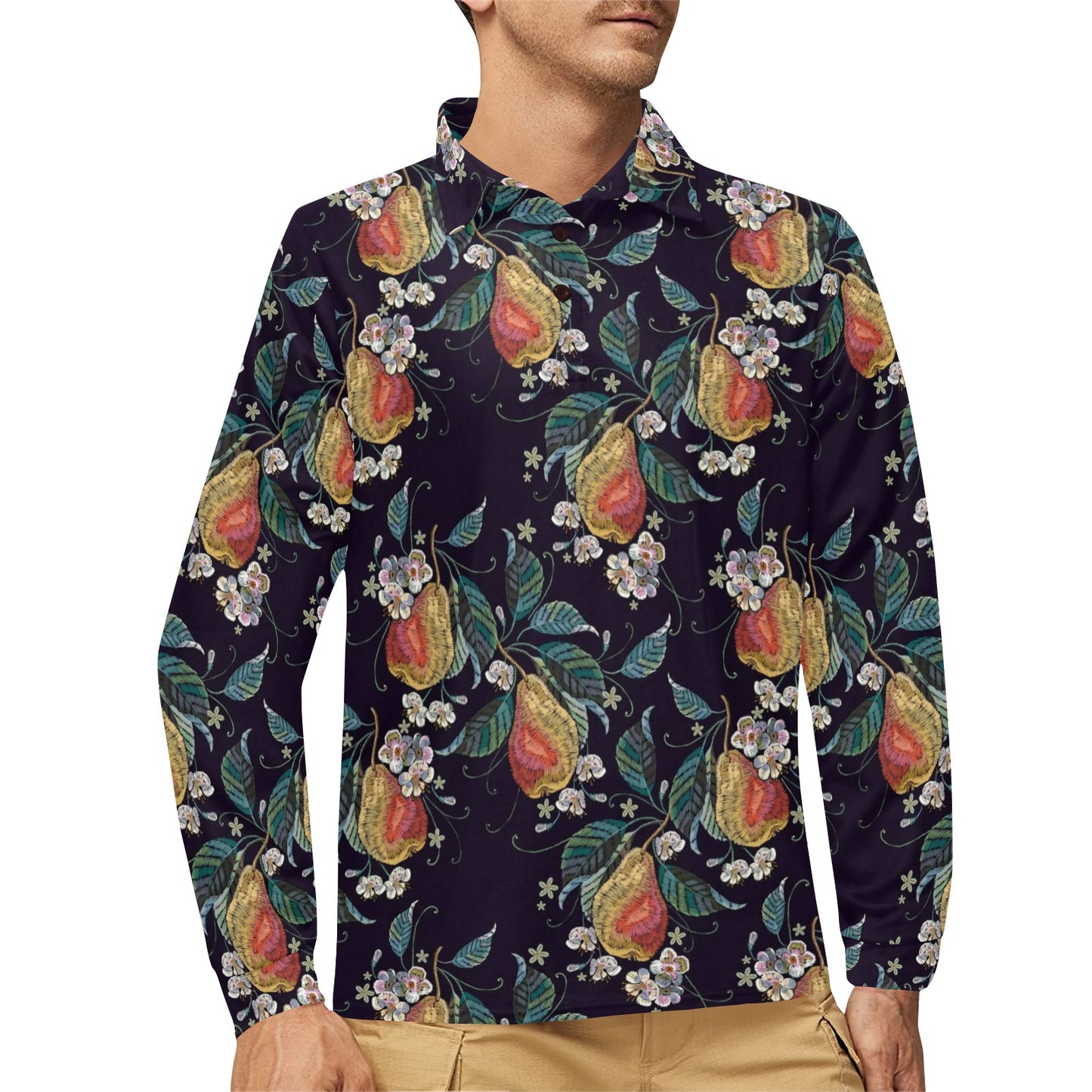 Pear Pattern Print Design PE02 Long Sleeve Polo Shirt For Men's