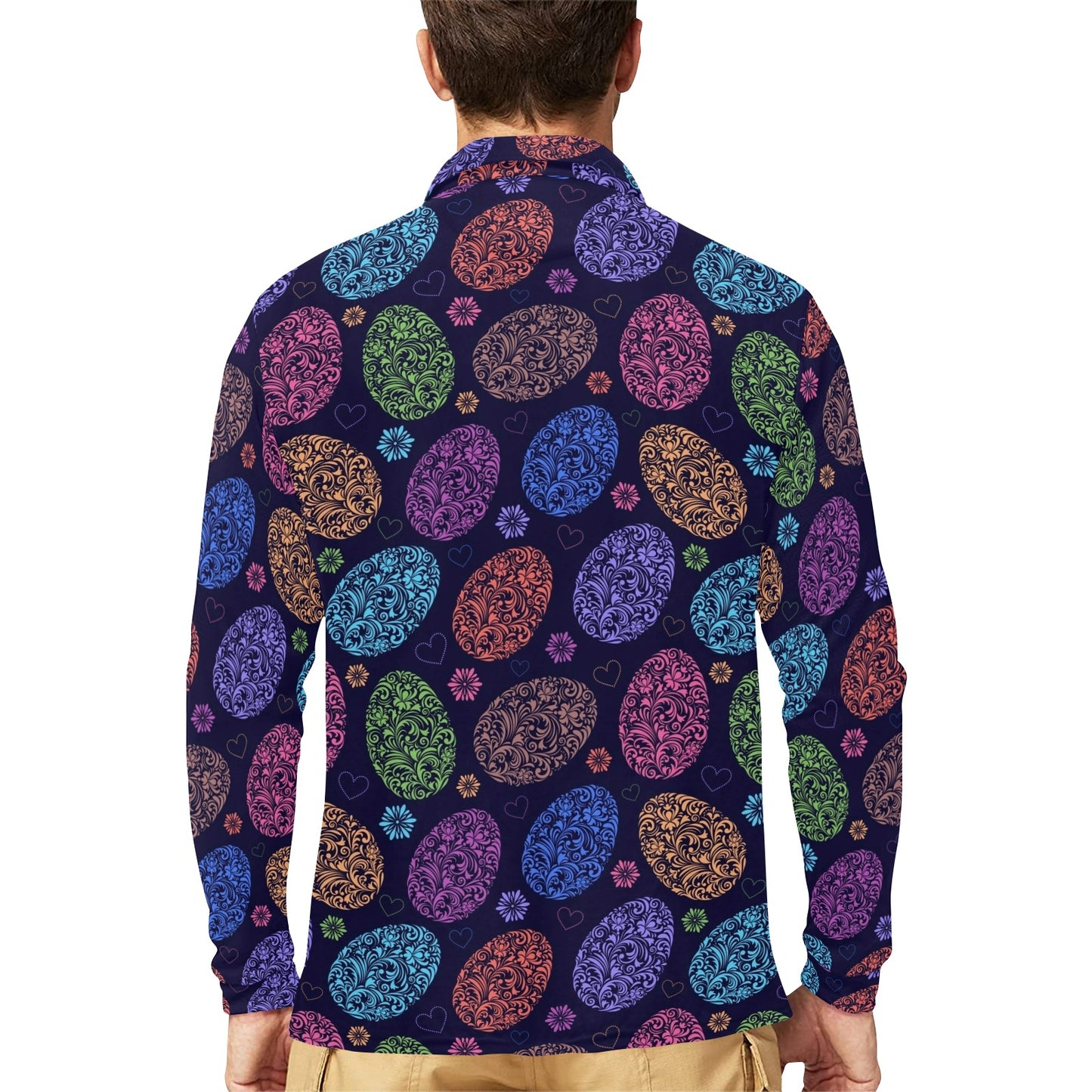 Easter Eggs Pattern Print Design RB012 Long Sleeve Polo Shirt For Men's