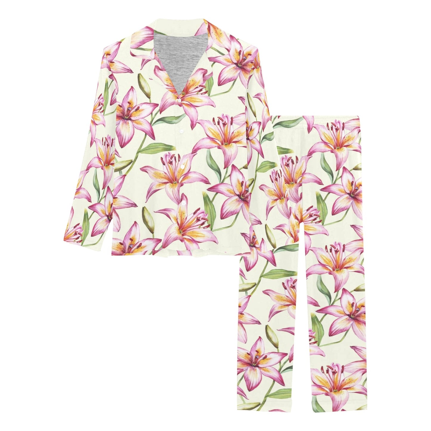 Lily Pattern Print Design LY011 Women's Long Pajama Set
