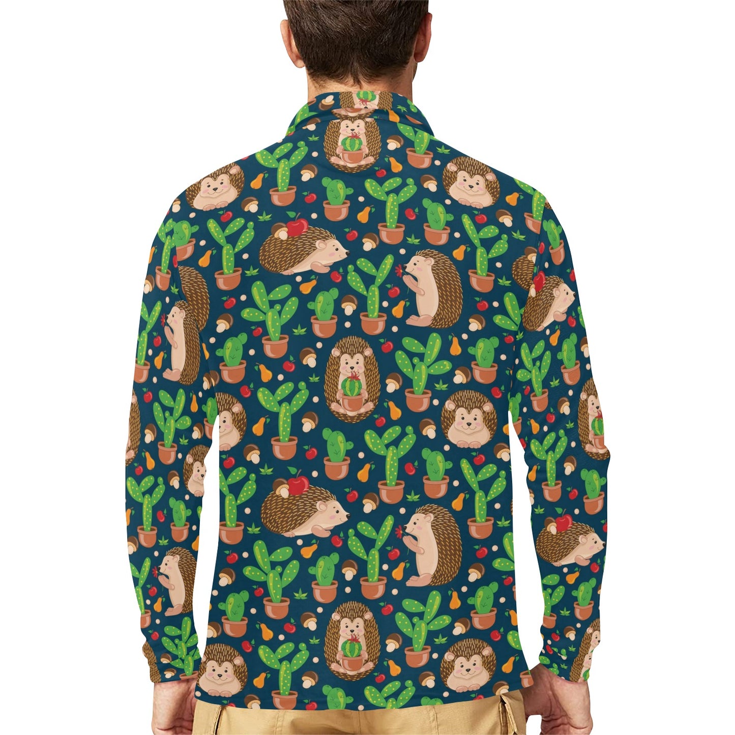 Hedgehog Cactus Pattern Print Design 04 Long Sleeve Polo Shirt For Men's