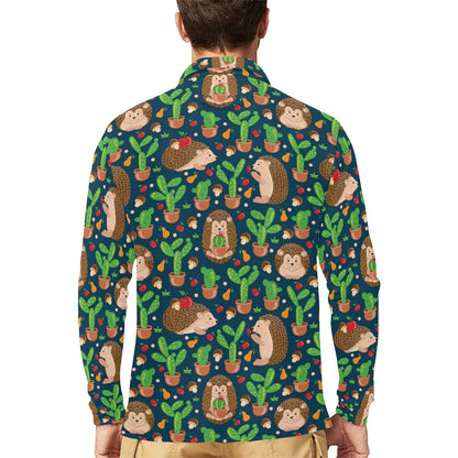 Hedgehog Cactus Pattern Print Design 04 Long Sleeve Polo Shirt For Men's