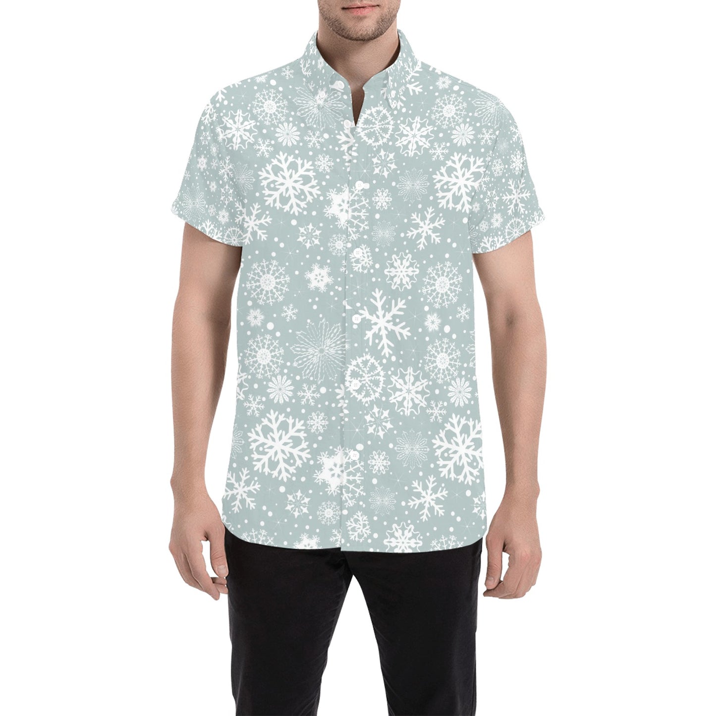 Snowflake Print Design LKS303 Men Short Sleeve Button Up Shirt