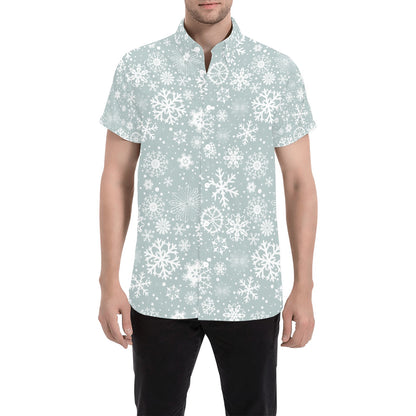 Snowflake Print Design LKS303 Men Short Sleeve Button Up Shirt