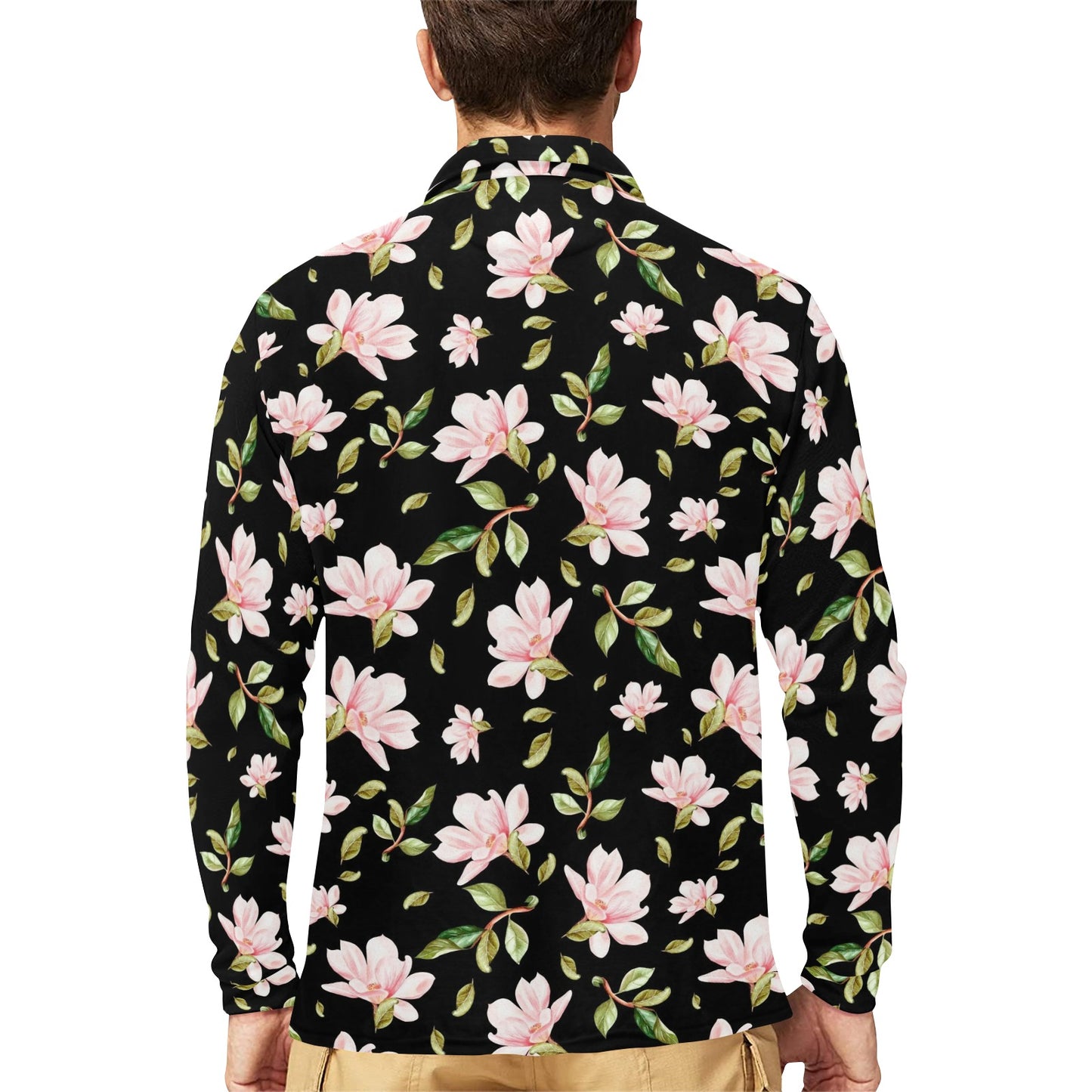 Magnolia Pattern Print Design MAG01 Long Sleeve Polo Shirt For Men's