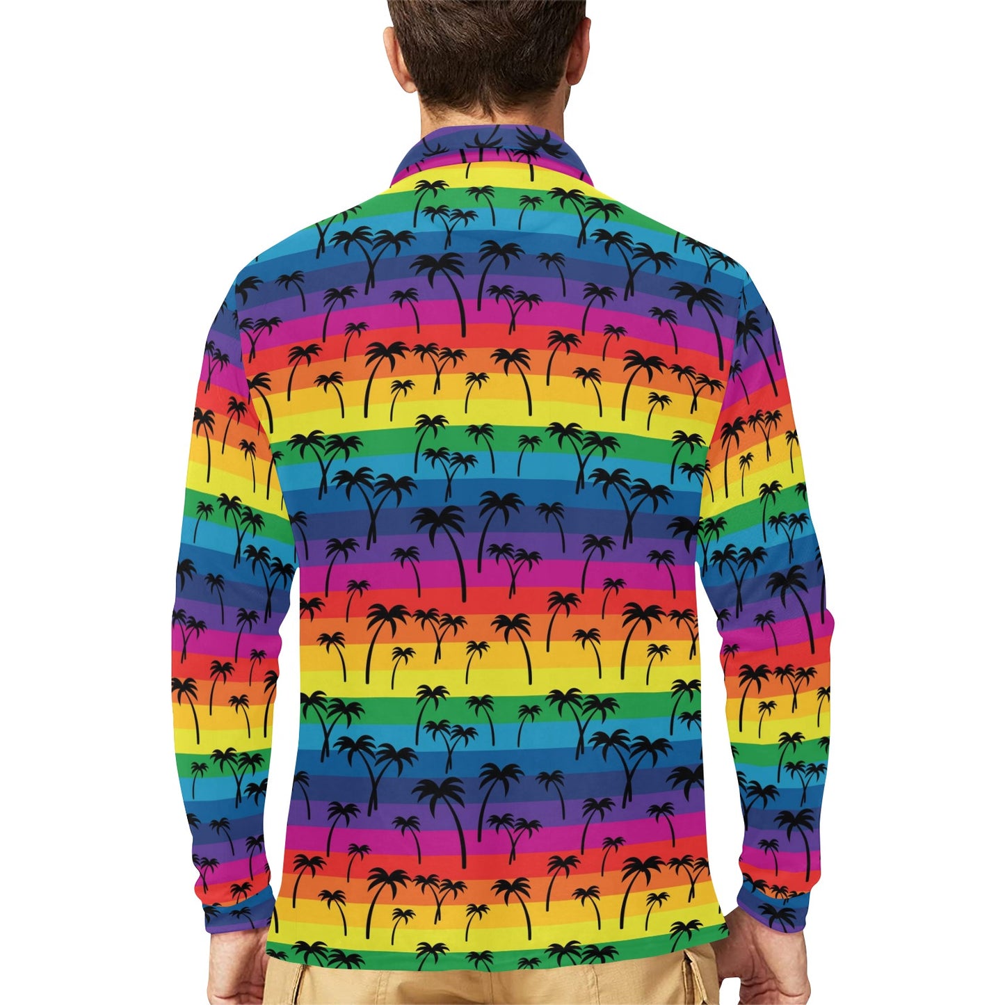 Palm Tree Rainbow Themed Print Long Sleeve Polo Shirt For Men's