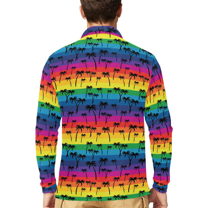 Palm Tree Rainbow Themed Print Long Sleeve Polo Shirt For Men's
