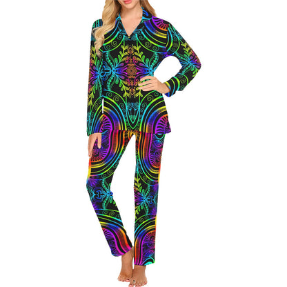 Neon Trible Rainbow Pattern Print Design A01 Women's Long Pajama Set