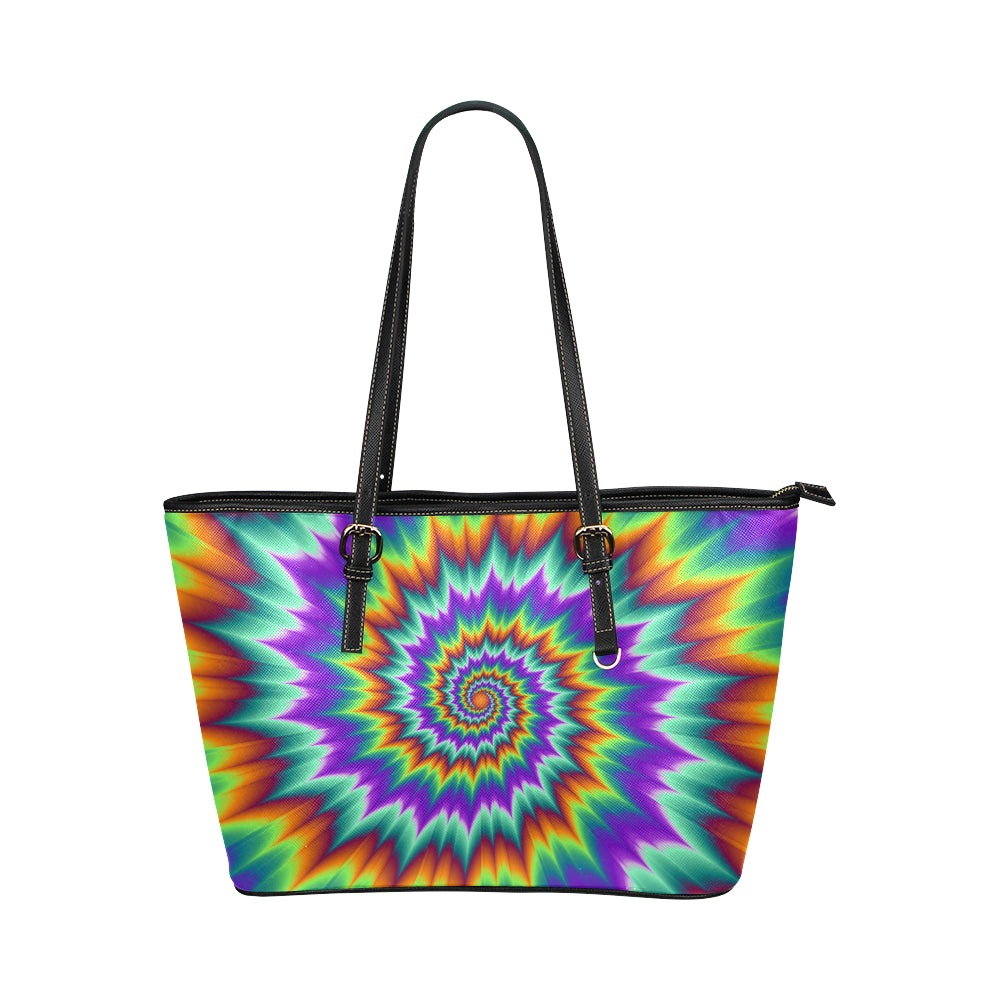 Optical illusion Pulsing fiery spirals Leather Tote Bag