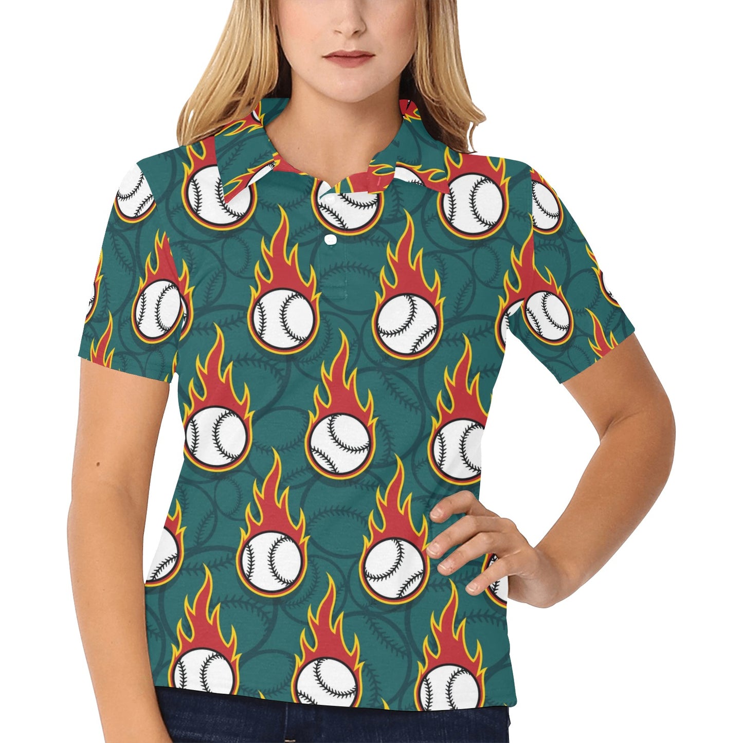 Baseball Fire Print Pattern Women's Polo Shirt
