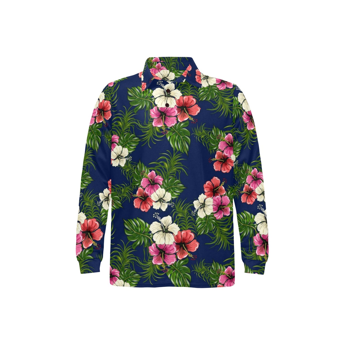Hibiscus Pattern Print Design HB028 Long Sleeve Polo Shirt For Men's