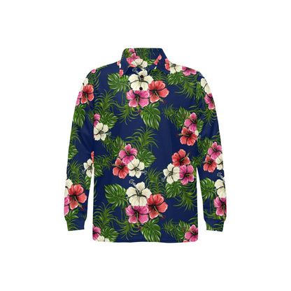 Hibiscus Pattern Print Design HB028 Long Sleeve Polo Shirt For Men's