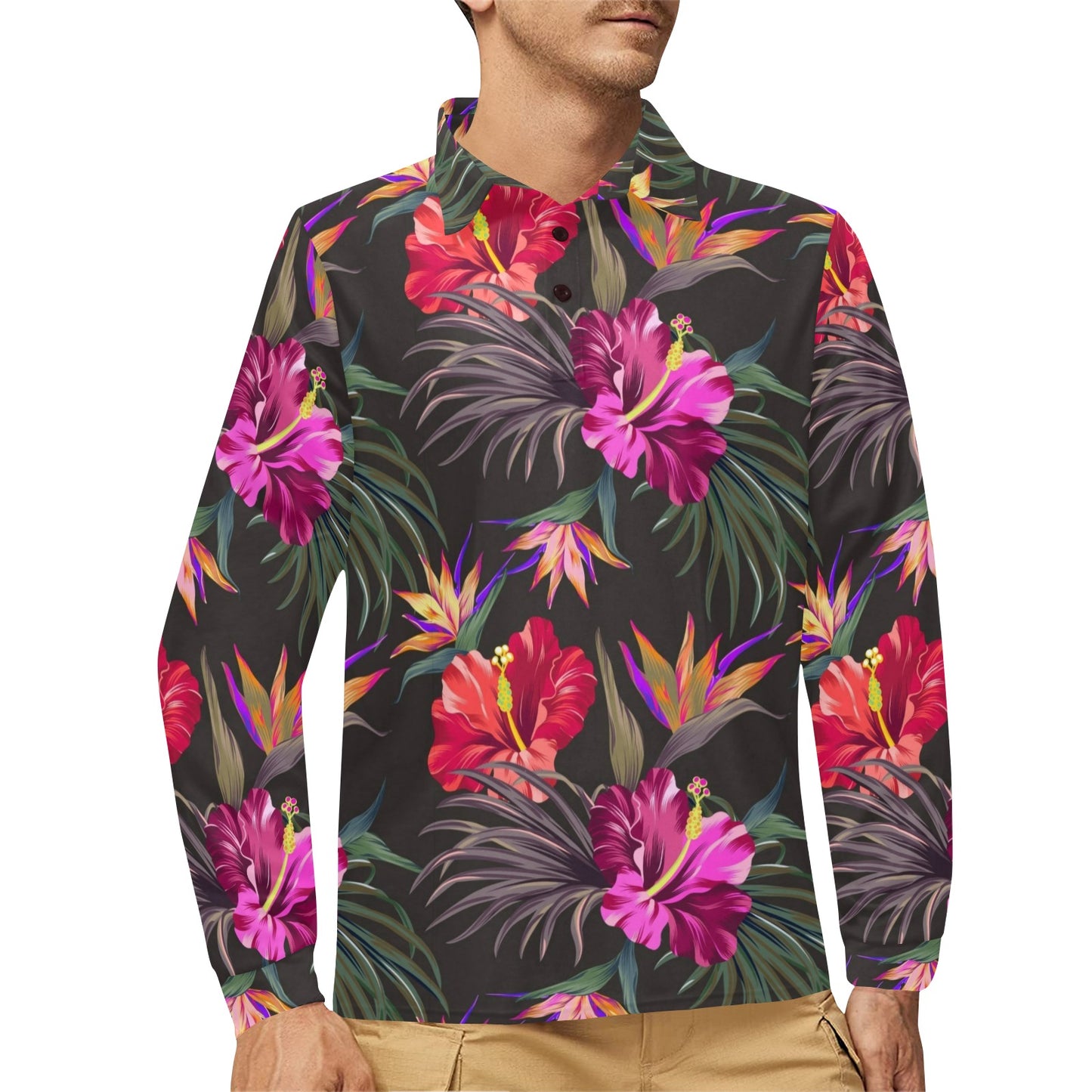 Hibiscus Pattern Print Design HB014 Long Sleeve Polo Shirt For Men's