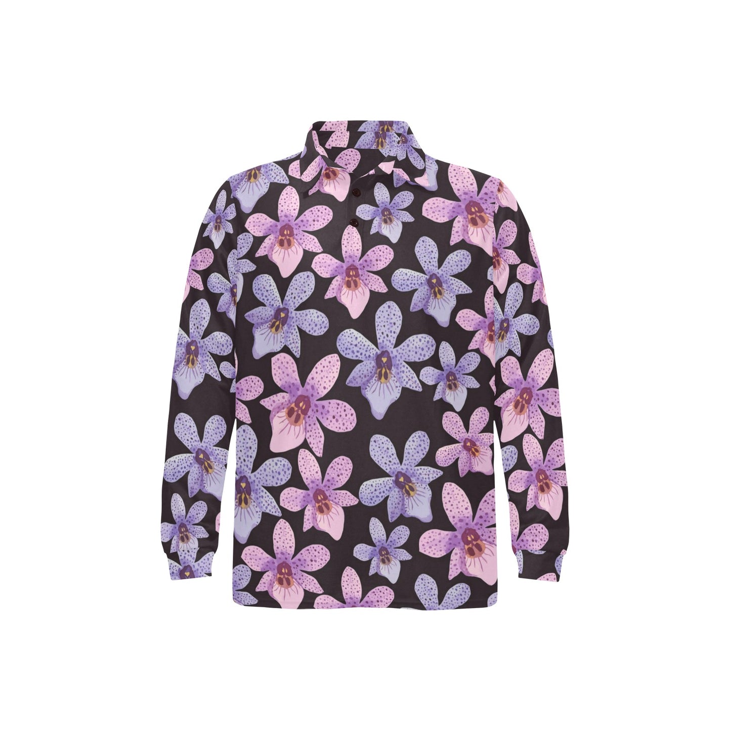 Orchid Pattern Print Design OR08 Long Sleeve Polo Shirt For Men's
