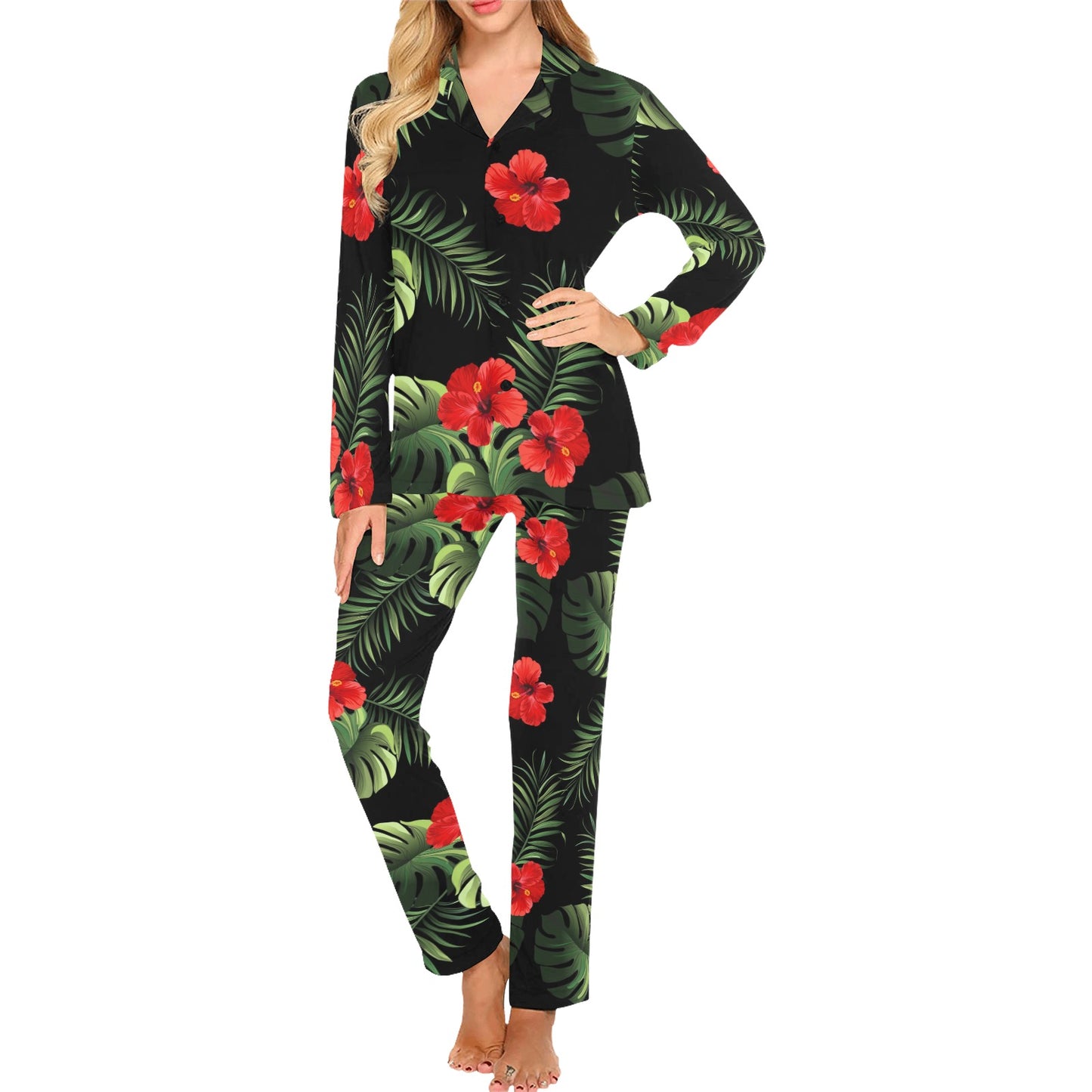 Red Hibiscus Tropical Women's Long Pajama Set