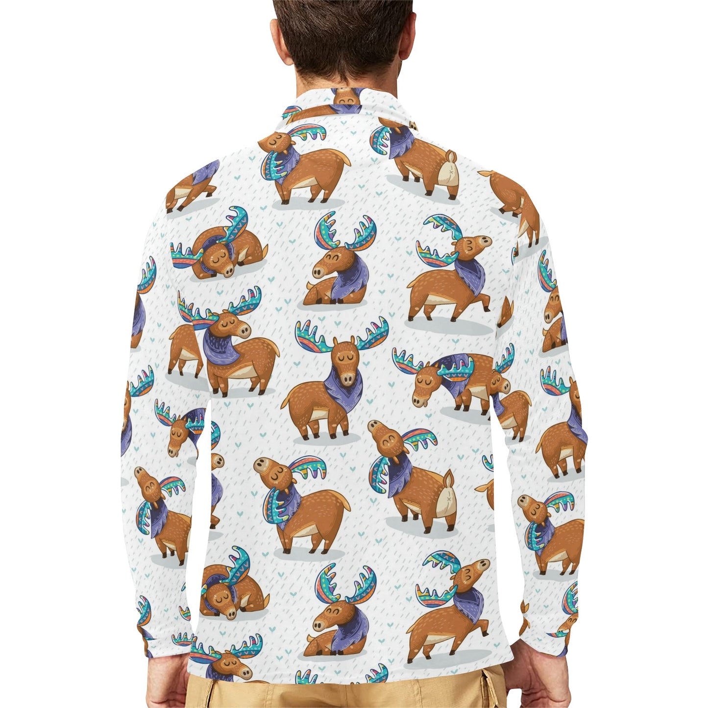Moose Cute Pattern Print Design 01 Long Sleeve Polo Shirt For Men's