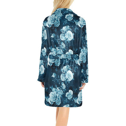 Rose Blue Pattern Print Design RO014 Women's Fleece Robe