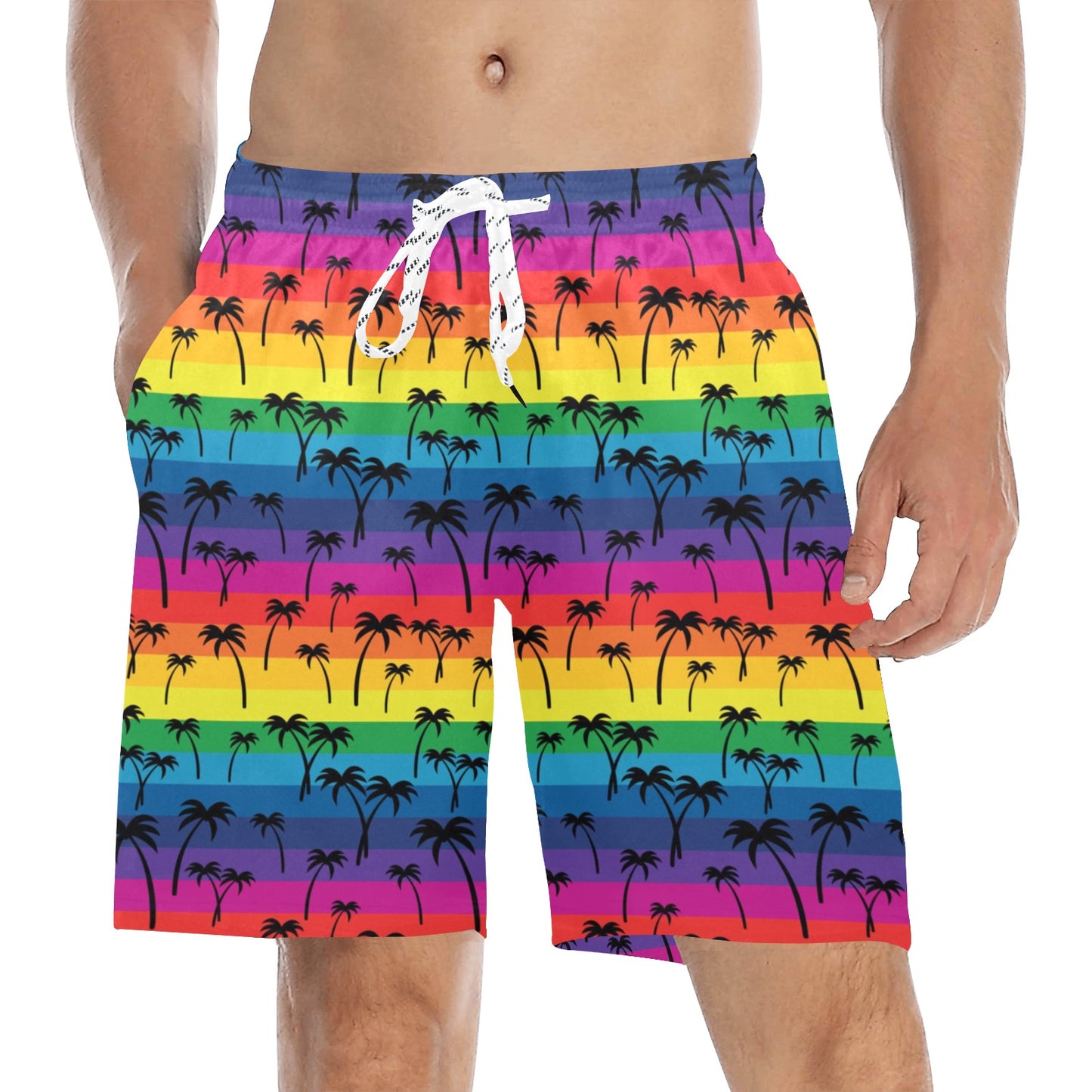 Palm Tree Rainbow Themed Print Men's Swim Trunks Beach Shorts