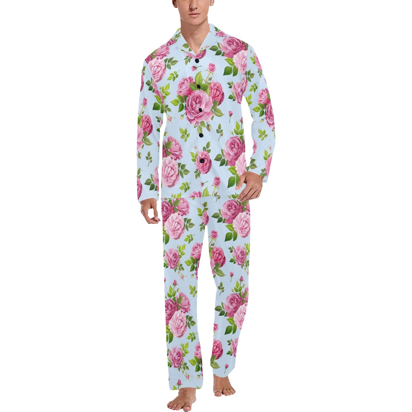 Rose Pink Pattern Print Design RO08 Men's Long Pajama Set