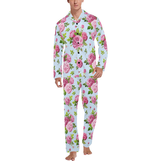 Rose Pink Pattern Print Design RO08 Men's Long Pajama Set
